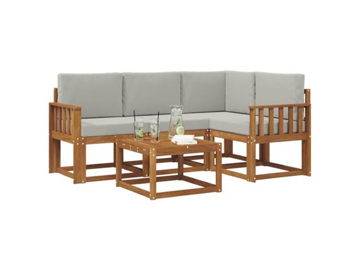 KTHLBRH Sofa-Set für den Außenbereich, 5-teilig, Akazie, Natur, Grau Modulares Lattenrost-Design, inklusive Kissen, Couchtisch, für Garten und Terrasse