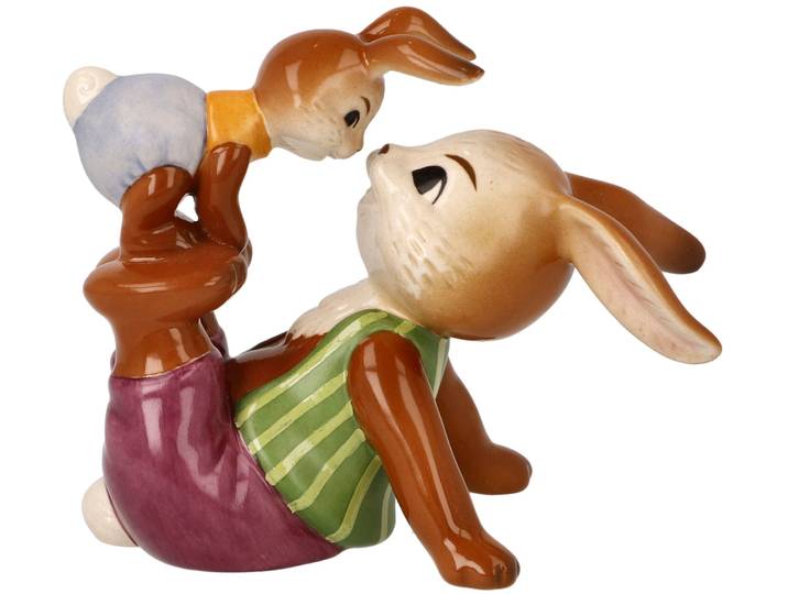 Osterhase GOEBEL Frechdachs , bunt, B:10cm H:6cm T:9cm, Steingut, Dekofiguren, Osterhase, Sammelfigur, Hasenvater mit Hasenkind