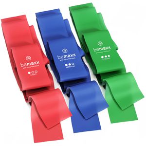 bemaxx Fitnessband Gym Band Set, 2 m x 15 cm, 3 Widerstände & Farben, Flachband aus Latex, 3 Stück