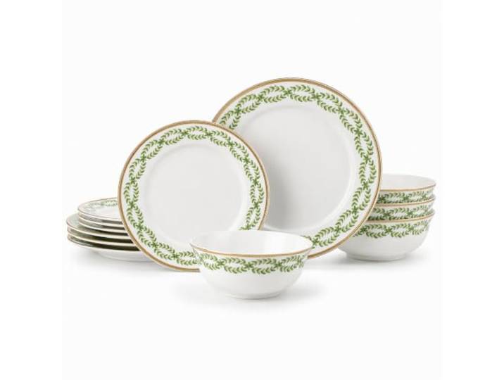 Geschirr-Set aus Knochenporzellan, 12 weiße Teller und Schüsseln, grüner Rand