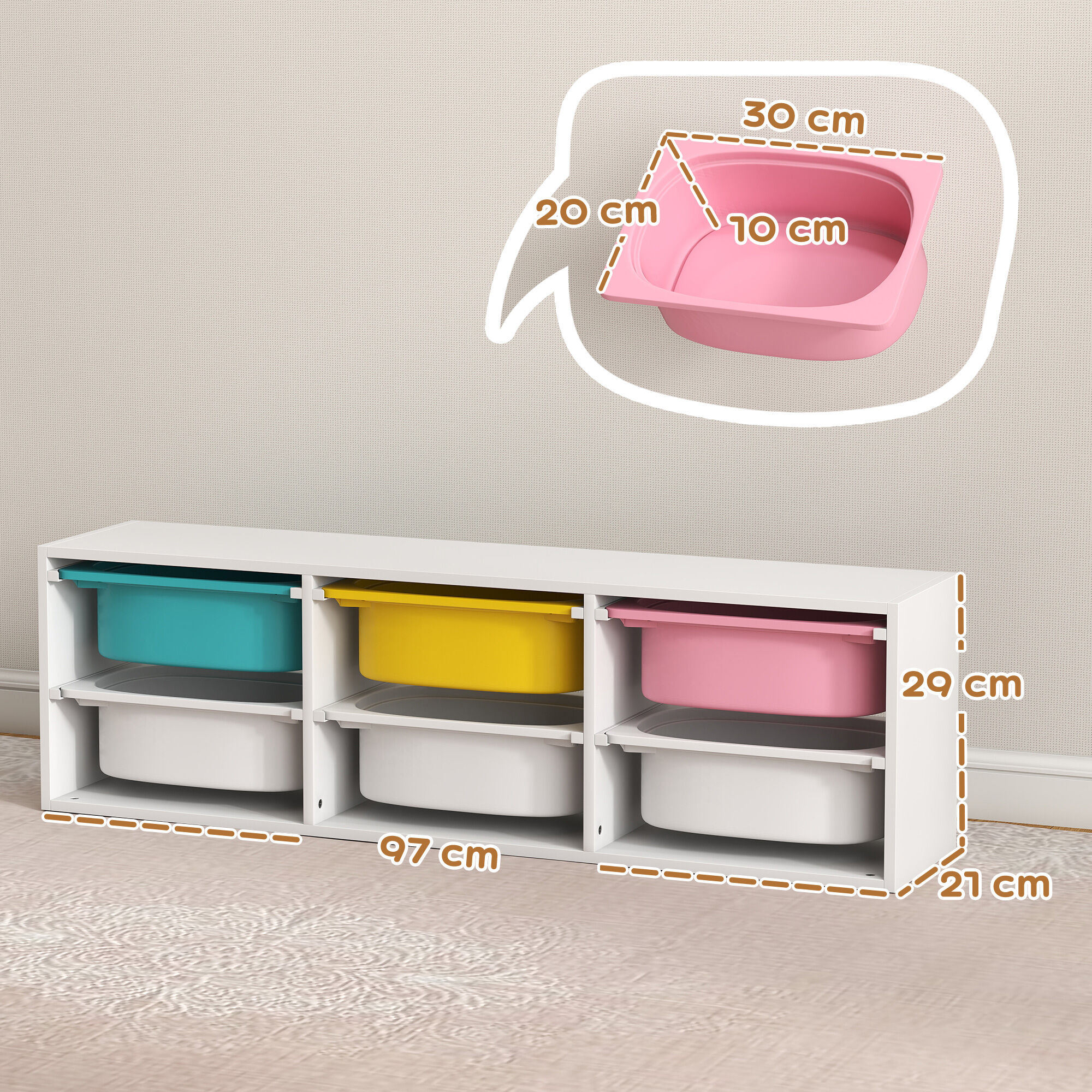 Altro Scaffale Portagiochi Bambini In Legno Con 6 Contenitori Rimovibili In Plastica, Multicolore