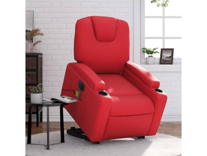 WHOPBXGAD Elektrisch Aufstehhilfe Relaxsessel Liegefunktion Rot Massagesessel mit Aufstehhilfe Elektrisch Rot Kunstleder Relaxsessel Fernsehsessel mit Vibrationsmassage und Getränkehalter