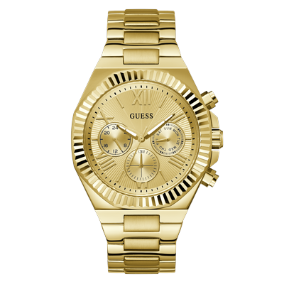Multifunktionsuhr GUESS "EQUITY", gold (goldfarben, champagnerfarben, champagnerfarben), Armbanduhren, Herren, goldfarben, Quarzuhr, Armbanduhr, Herrenuhr, Edelstahlarmband, analog, Tag