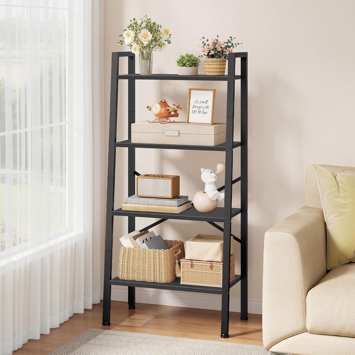 Industriële 4-laagse ladderboekenplank met metalen frame, zwart