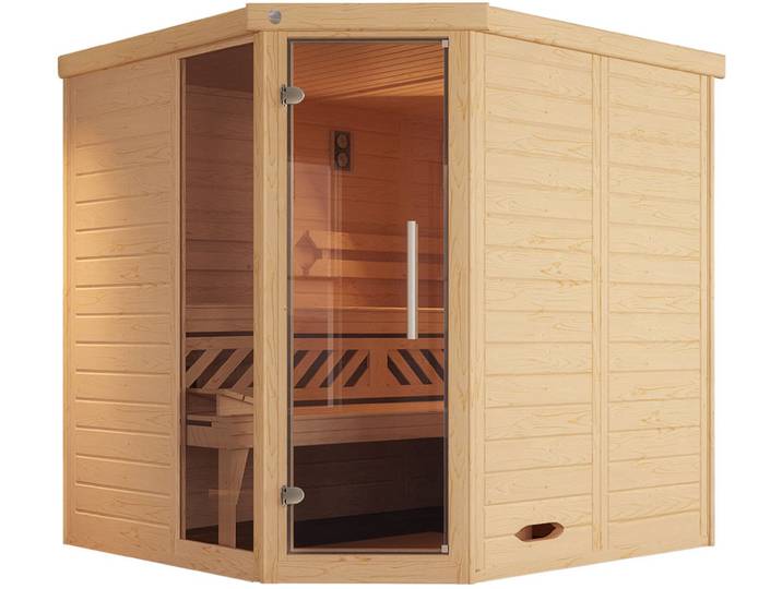 Sauna WEKA Design-Sauna KEMI Eck 1 , beige (natur), ohne Ofen, ohne Steuerung, (ohne Ofen), Saunen, Sauna, naturbelassenes Fichtenholz, Fensterelement, moderne Glastür