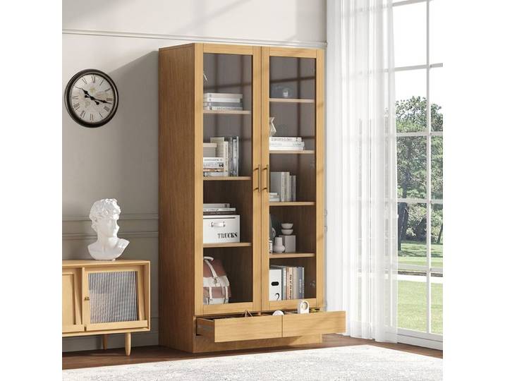 Vitrine bois étagères décalées tiroirs à pression 80x40x160 cm