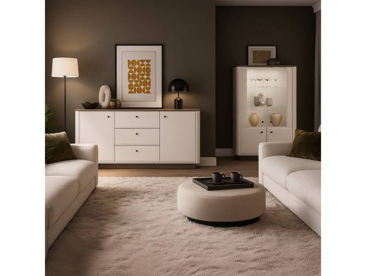 Lomadox Wohnzimmer-Set VEJANO-131, (Mega-Spar-Set, 2-St., Highboard Sideboard), Beige mit Eiche modern abgerundet Softclose LED Beleuchtung