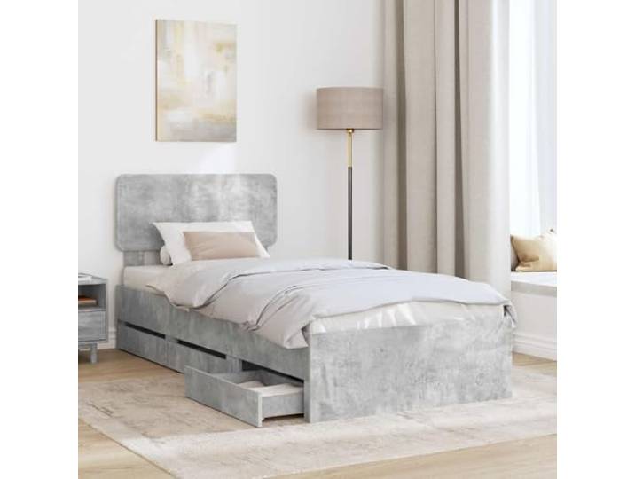 KTHLBRH Bettgestell mit Schublade, Zementgrau, 90 x 200 cm Technisches Holz, verstellbares Kopfteil, feste Latten, platzsparendes Design