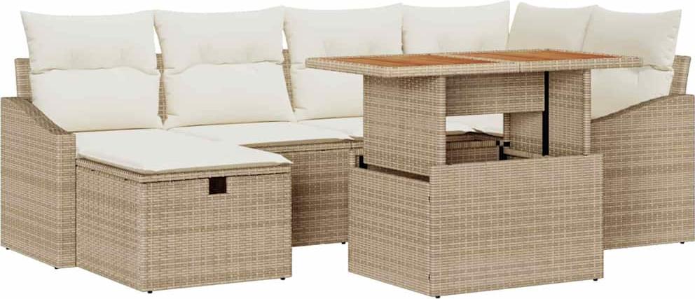 Garten-Sofa-Set 7-teilig, modular, aus Poly-Rattan und Akazienholz, für 6 Personen, Beige, UV-beständig, höhenverstellbar