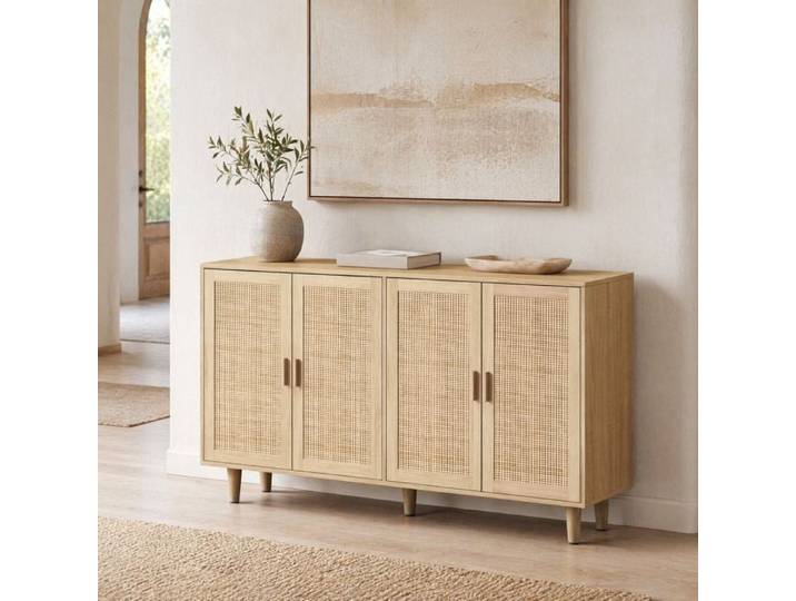 Buffet bas - ZEVKOR - 158×40×88 cm - 4 portes - Rotin décoratif - Plateau panneau de particules