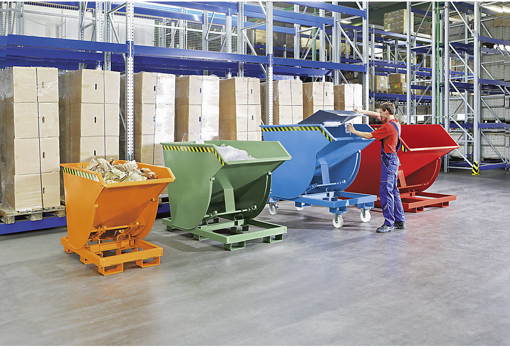 Kippbehälter, schmale Ausführung, Volumen 1,5 m³, Traglast 3000 kg, blau RAL 5012 eurokraft pro