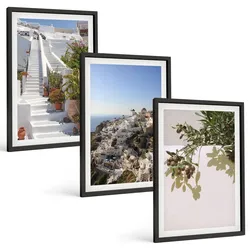 BILDER SET 3er Set - 40x60 cm Schwarzer Rahmen - Weiße Treppe mit Blick auf Santorini