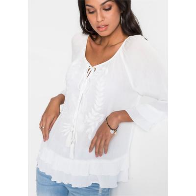 Tunika BONPRIX, Damen, Gr. 38, weiß (wollweiß), Obermaterial: 100% Viskose, A-Linie, Tuniken, A-Linien-Passform, mit 3/4-Ärmeln, gleichfarbige Stickerei