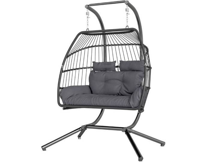 Balancelle chaise suspendue avec support – 2 places – gris foncé – rotin synthétique – acier thermolaqué – coussin – 260 kg