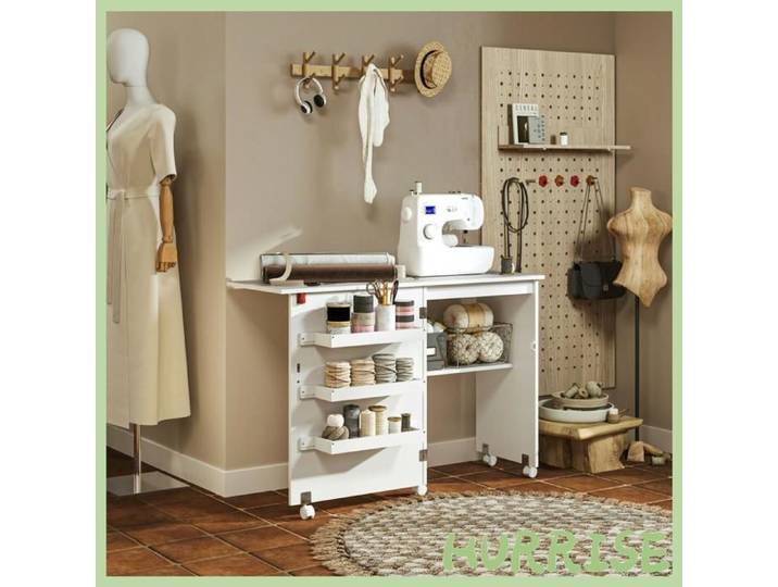 Cocosity Table De Couture Pliante Meuble Couture À Abattant Avec Bacs De Rangement Étagère Ouverte Et Roulettes Blanc