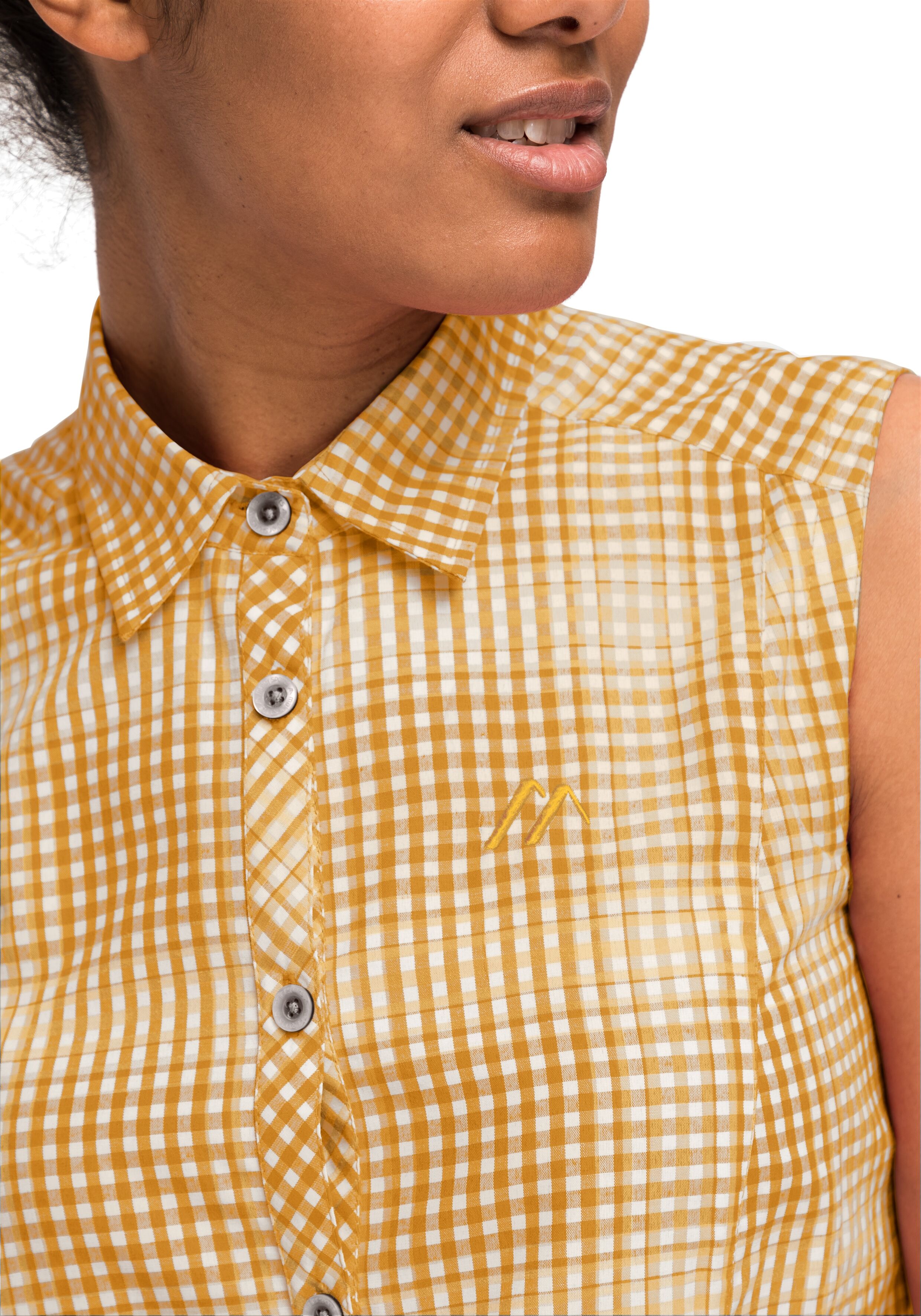 Funktionsbluse MAIER SPORTS "Paloma", Damen, Gr. 46, gelb (sonnengelb), 85% Polyester, 15% Viscose, Blusen Funktionsbluse, ärmellose Damen Bluse, sommerliches Blusen-Shirt, Karobluse, Reg. Fit sonnengelb 46