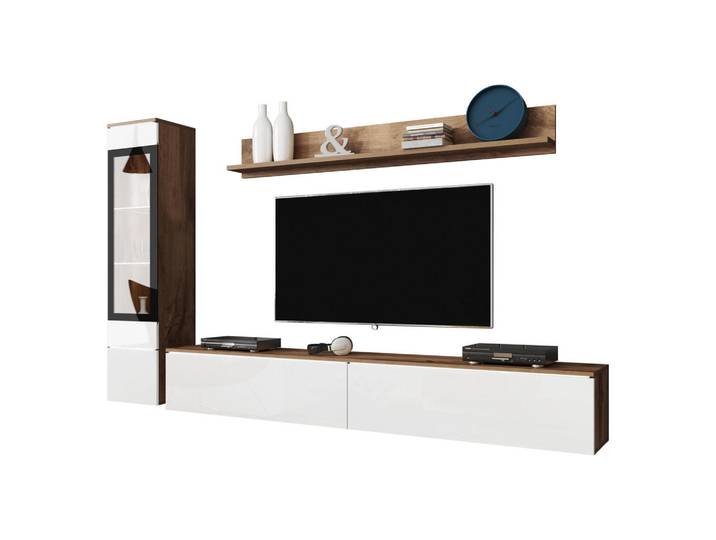 Mirjan24 Wohnwand Vera I mit weißer LED Beleuchtung, Mehrfarbig, Kunststoff, Rechteckig, 33x30x180 cm, Wohnzimmer, Wohnwände