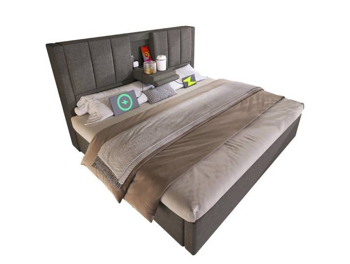 Lit capitonné Logidon 140x190 cm avec porte-gobelet et chargement USB gris