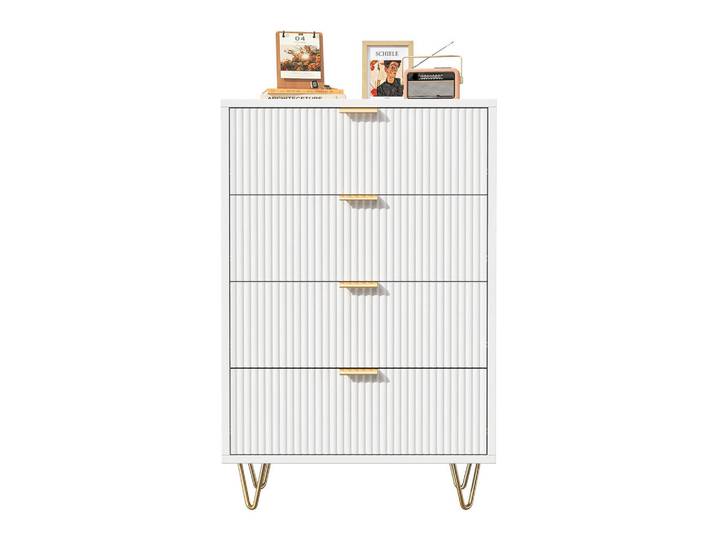 Shopentra Kommode WEIß 4 Schubladen Wellenfront Goldgriffe, Weiß, 34x91x60 cm, Kleinmöbel, Kommoden, Kommoden