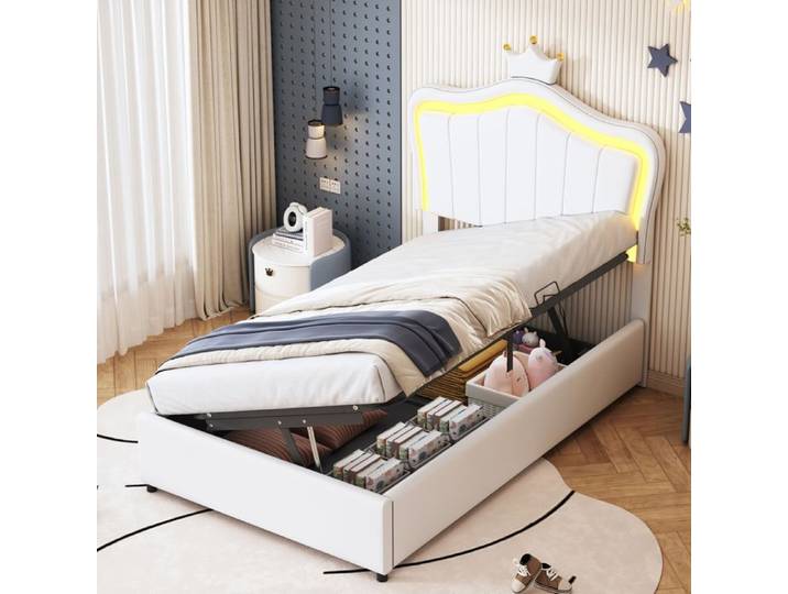 Lit coffre enfant - ZEVKOR - 90x200 - Similicuir blanc - Coffre hydraulique - LED intégrée
