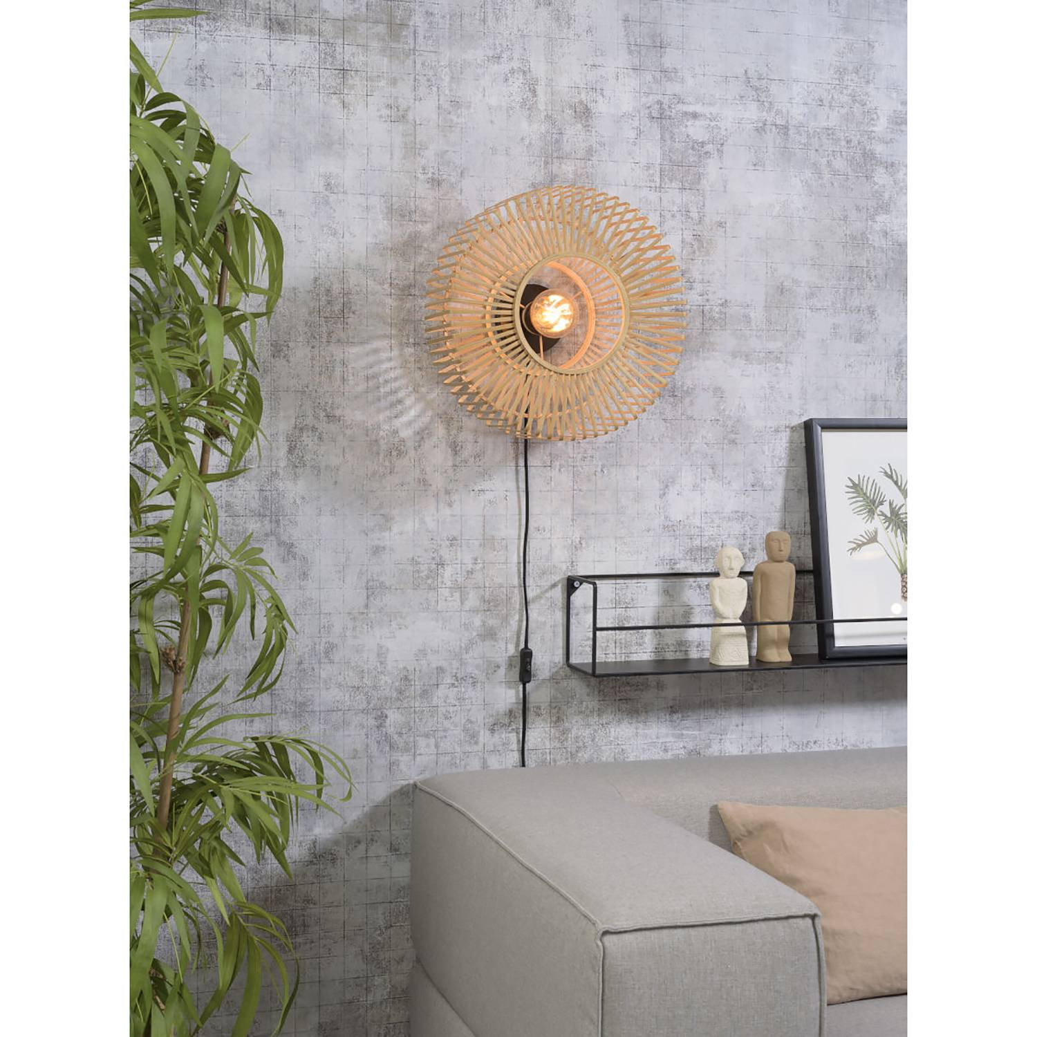 home24 Wandlamp Bromo II beige, Ø 40 cm, massief hout en metaal, E27