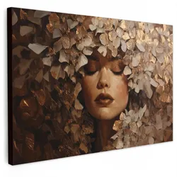 LEINWANDBILD Gesicht - Dame - Blätter - Pinselstriche Wanddeko 90x60 cm