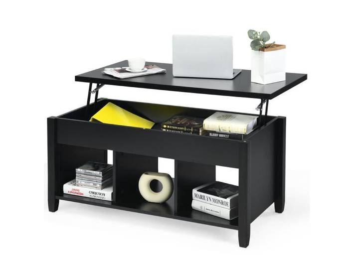 COSTWAY Table Basse avec Plateau Relevable avec 3 Compartiments Ouverts et Dispositif de Levage Pneumatique pour Salon Bureau Noir