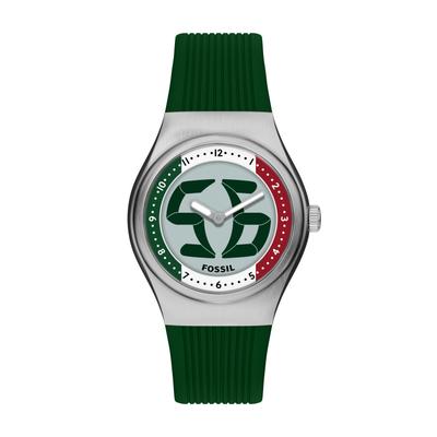 Quarzuhr FOSSIL "World Flags Big Tic", grün (grün, weiß, rot, edelstahlfarben, silberfarben), Armbanduhren, Herren, edelstahlfarben, Quarzuhr, Armbanduhr, Herrenuhr, Silikonarmband, analog, digital