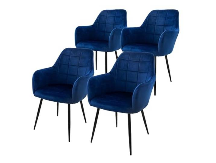 ECD Germany 4er Set Esszimmerstühle mit Rücken- und Armlehnen, Dunkelblau, Küchenstühle mit Samtbezug, Polsterstühle mit Stahlgestell, Ergonomische Stühle für Esstisch, Wohnzimmerstühle Esszimmerstuhl