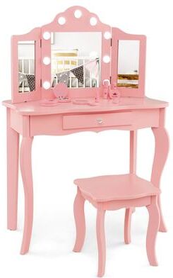 Kid Vanity Table Set Tri-Folding Mirror Adjustable 3-Color LED Light