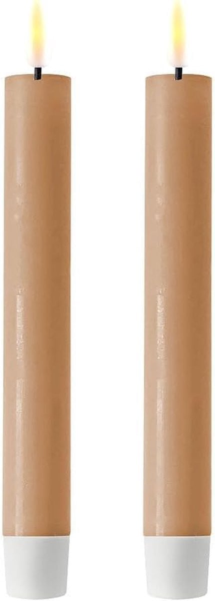 Set van 2 karamelbruine cilindrische staafkaarsen van echte was, 15 cm