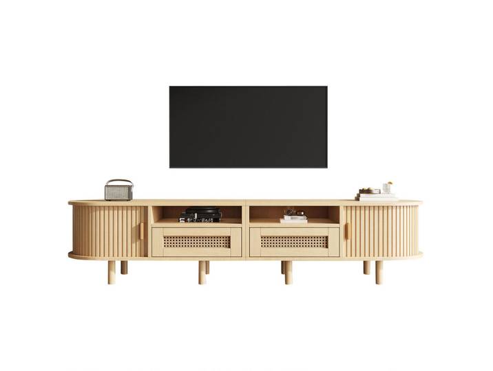 Modenvie Lowboard 170/40/40 cm aus MDF mit Rattanfront und Schiebetüren Eiche hell, Naturfarben, 170x40x40 cm, Wohnzimmer, TV Möbel, Lowboards, Lowboards stehend