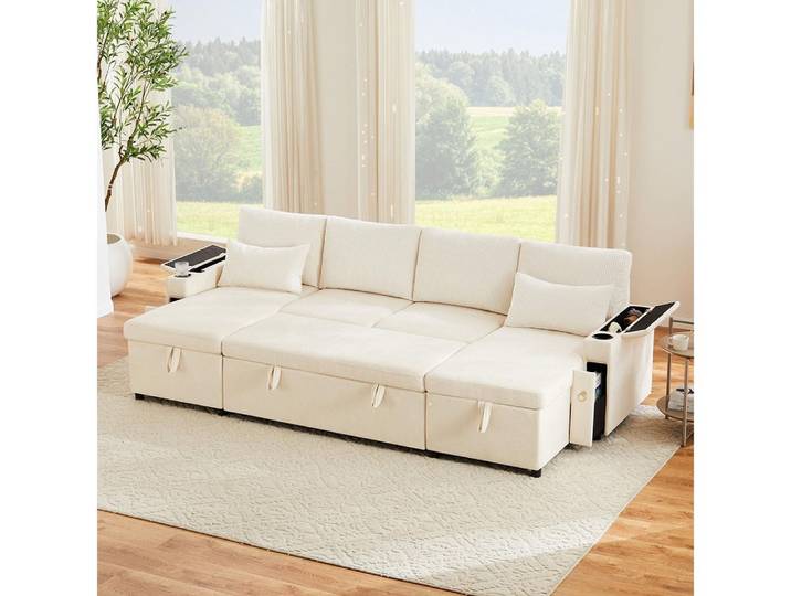 Sweiko Schlafsofa Viersitzer-Ecksofa in U-Form mit Getränkehalter, Schlaffunktion, Getränkehalter und Kissen, Multifunktionales Sofa
