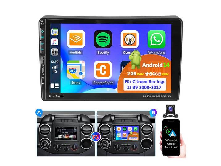 ESSGOO DAB+ Android 14 Autoradio Für Citroen Berlingo Peugeot Partner Type-C Autoradio (DAB (optional), DAB+ (optional), 4+64GB(optional), RDS, AM, FM, Carplay Android Auto Bluetooth EQ USB GPS Navi WIFI Touchscreen)
