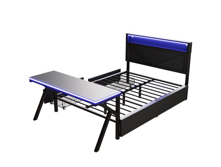 Lit plateforme gaming 140 x 200 cm noir avec bureau et tête de lit LED 2 tiroirs