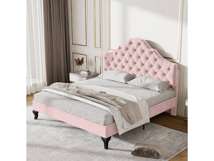 Lit adulte 140x200 cm et tête de lit réglable en hauteur lit capitonné velours rose
