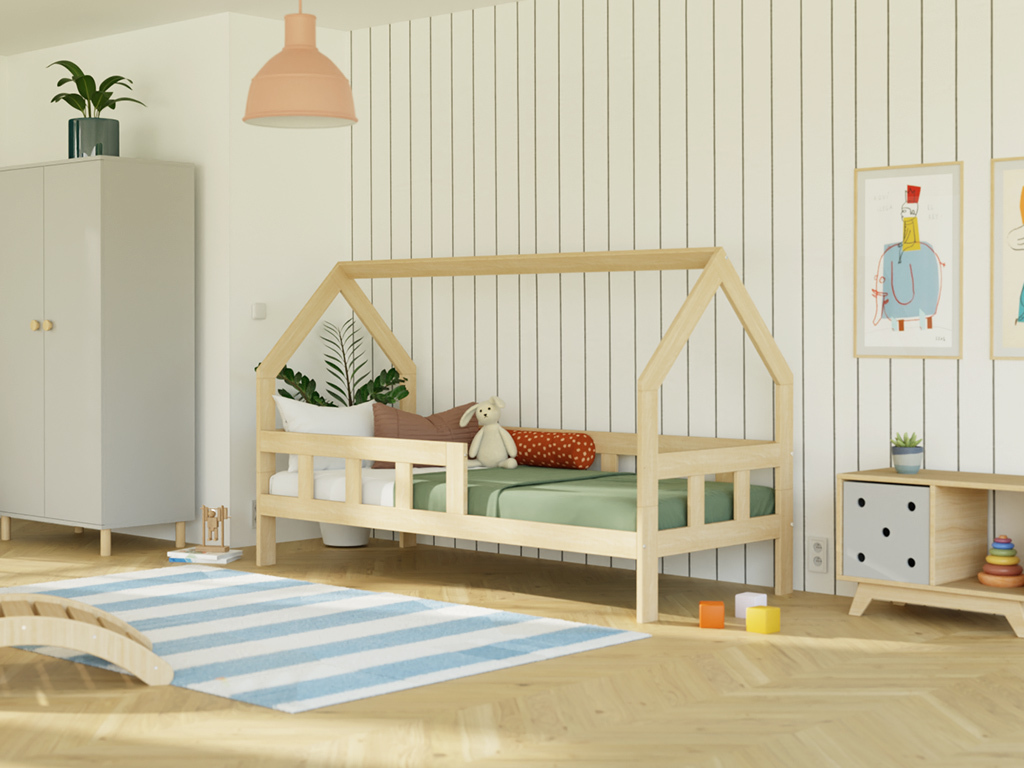Kinderhausbett FENCE 2-in-1 aus Holz mit Barriere 90x180 cm Marineblau, Mit einer Barriere