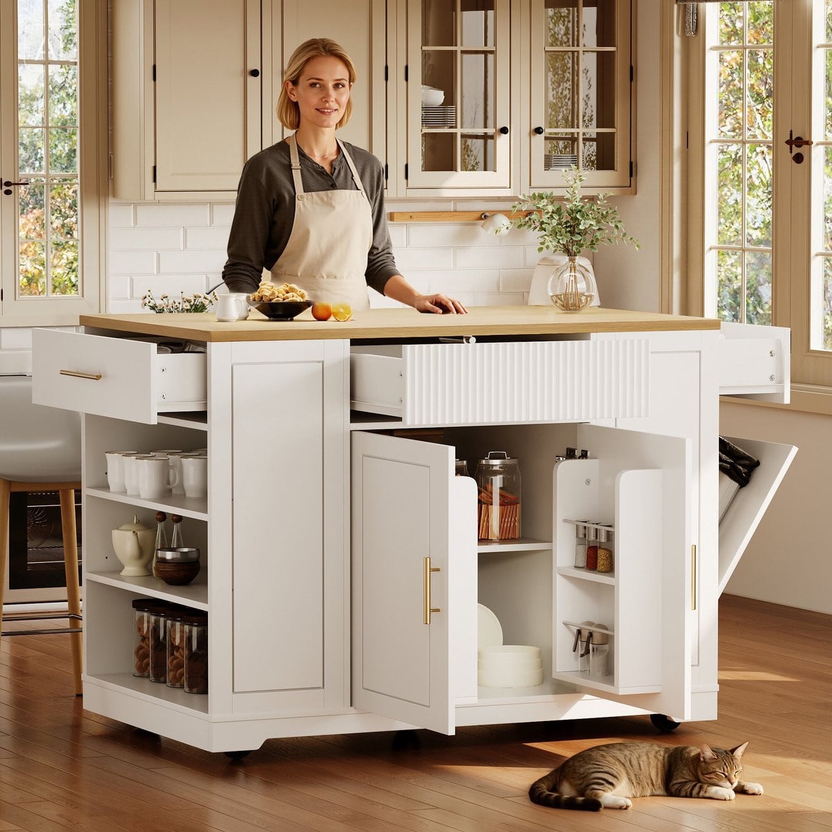 Keukentrolley met afvalbakvak en laden in wit houtlook op wielen
