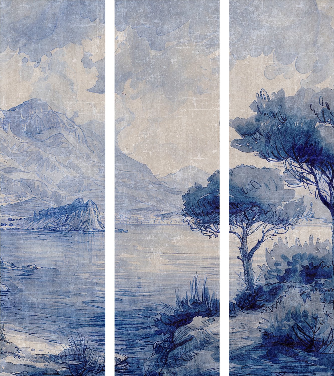 3-delig Japans kamerscherm met houten frame en Italian Landscape Lake Como ontwerp in blauwtinten, H 172 cm x B 135 cm