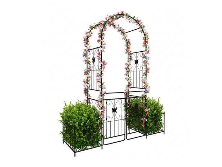 Relaxdays Rosenbogen Schwarz mit Doppeltor und Pflanzkästen Metall 220 cm, 202x220x50 cm, Dekoration, Gartendeko