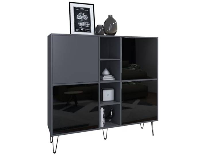 Vladon Highboard Havana V3, Kommode mit 4 Türen und 4 offene Fächer, Kommode Made in Germany, Anthrazit matt/Schwarz Hochglanz (130,5 x 124 x 35 cm)