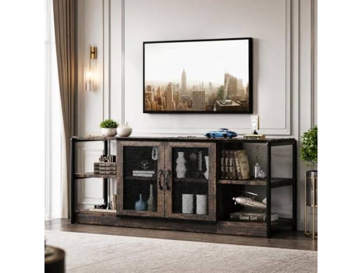Furntrastar 160x64x25cm TV Schrank Landhausstil – Entertainment Center mit Stauraum und Mesh-Türen – Industrielles Medienmöbel Wohnzimmer – Rustikale Optik – Farbe: 1.6m Dunkel Antike Eiche