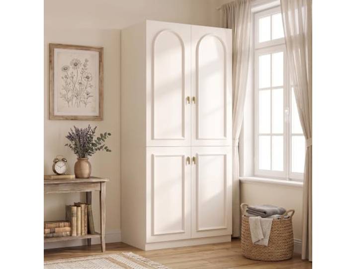 Merax Kleiderschrank & Drehtürenschrank, 4-türiger Mehrzweckschrank im Bogen-Design mit ausziehbarer Hosenhalterung, 1 Kleiderstange, 3 Fächern, für Schlafzimmer, 90x48x200 cm, Weiß