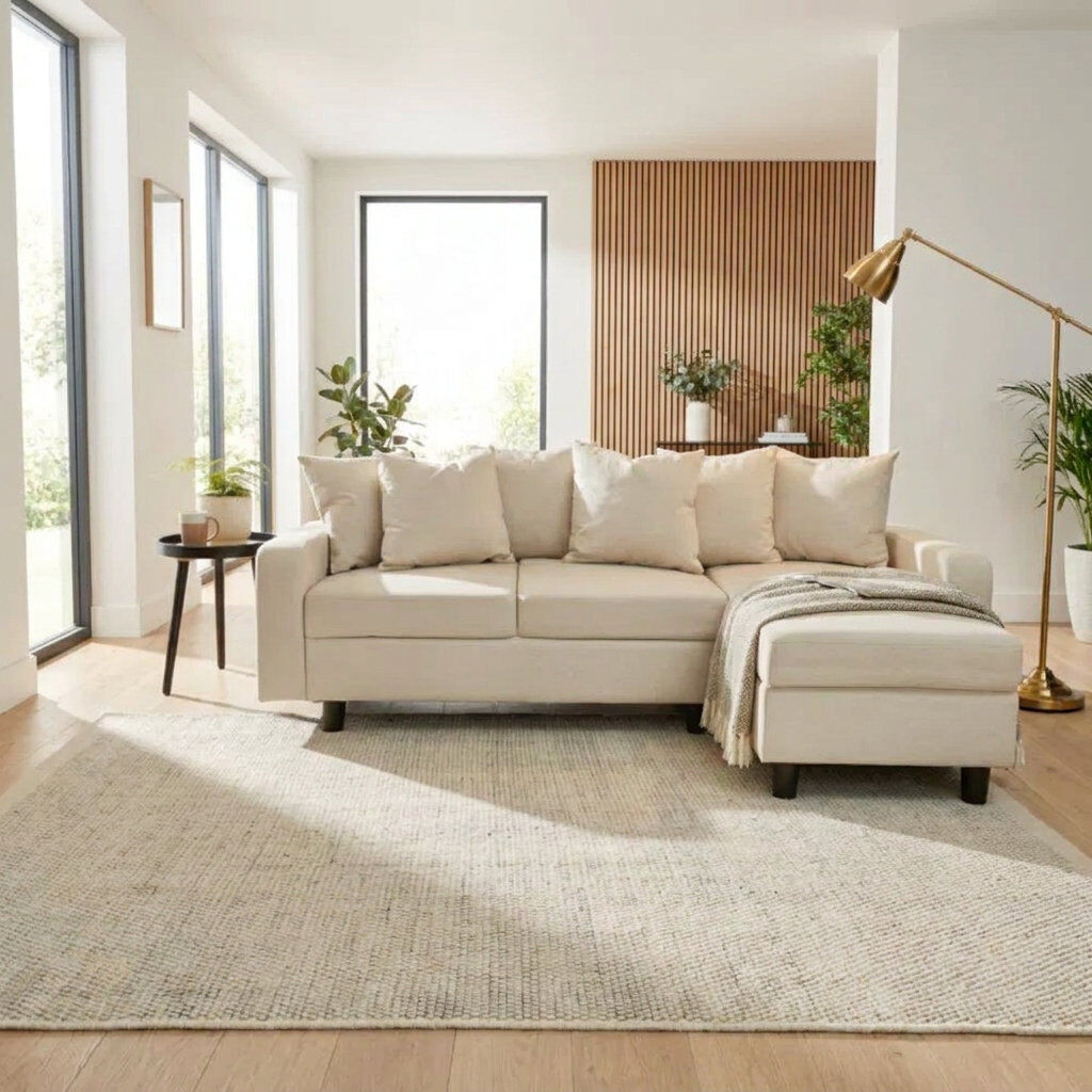 Hykkon Mitzi Compact 3 Seater Corner Sofa Cream Linen 80cm H X 196cm W X 128cm D
