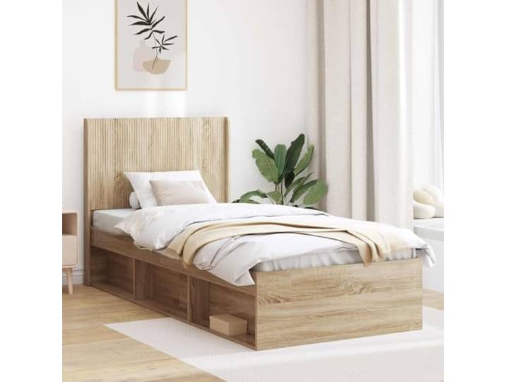 RJPLMFV Bettgestell mit Stauraum, Kopfteil, Sonoma-Eiche Lattenrost inklusive, Holz, integrierte Aufbewahrung, moderner Stil