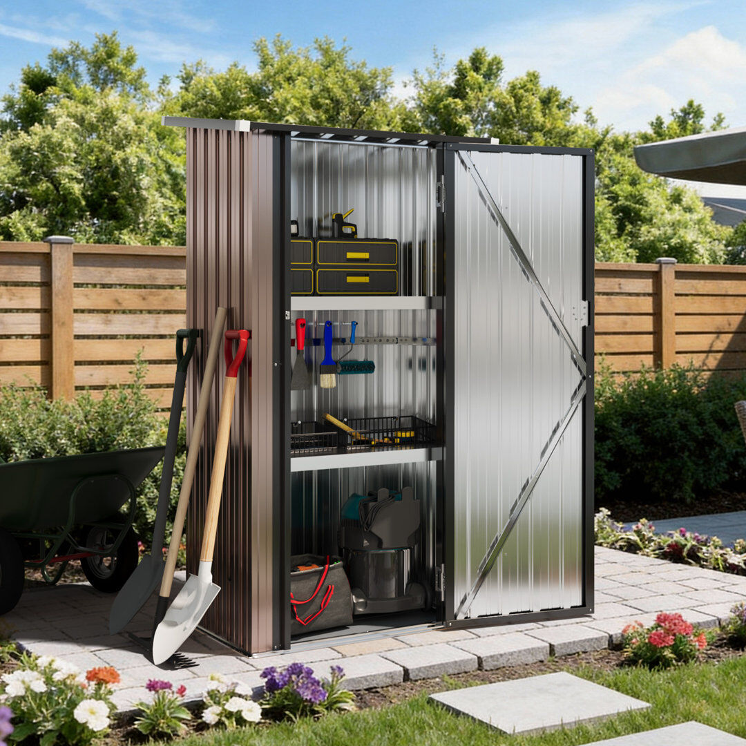 JolyDale 2.5 ft. W x 1.8 ft. D Metal Garden Storage Shed with Floor & 2 Shelves Brown 88cm W X 54cm D X 164cm H