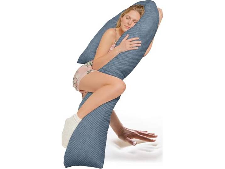 Traumreiter Seitenschläferkissen Visco XL J-Form langes Wendekissen mit Memory Foam Stütze [orthopädisch] Schwangerschaftskissen zum Schlafen Stillkissen XXL Komfortkissen mit Bezug Taubenblau Deluxe