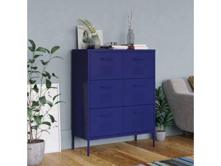 Schubladenschrank Marineblau 80x35x101,5 cm Stahl 6 Schubladen Lagerschrank Kugelgelagerte Führungen, belastbar, feucht abwischbar, robust, stabil, Ordnung, griffbereit