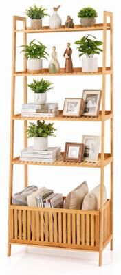 Costway 5-Tier Bamboo Ladder Shelf with Display Shelves and Open Storage Basket-Natural