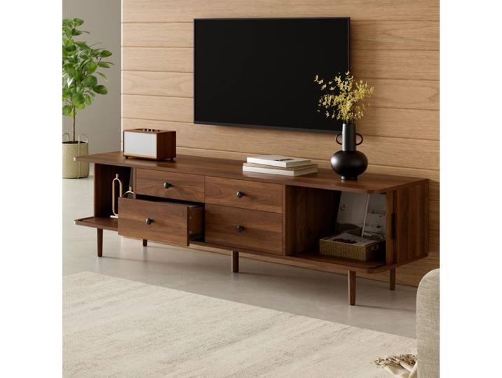 MEULVA Meuble TV bas 165 cm noyer en MDF 4 tiroirs et 2 portes coulissantes